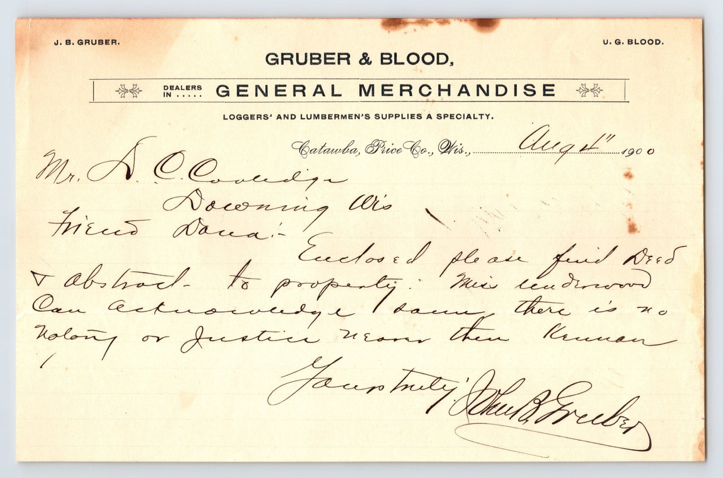 Catawba Wisconsin Gruber Blood general merchandise letterhead handwritten 1900