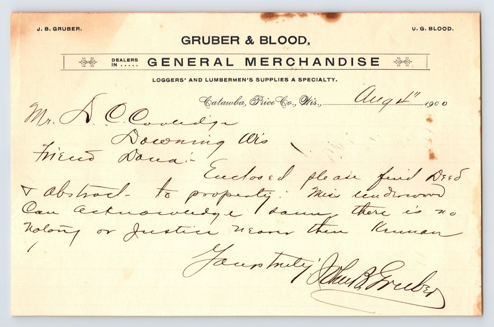 Catawba Wisconsin Gruber Blood general merchandise letterhead handwritten 1900