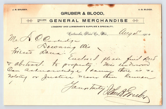 Catawba Wisconsin Gruber Blood general merchandise letterhead handwritten 1900
