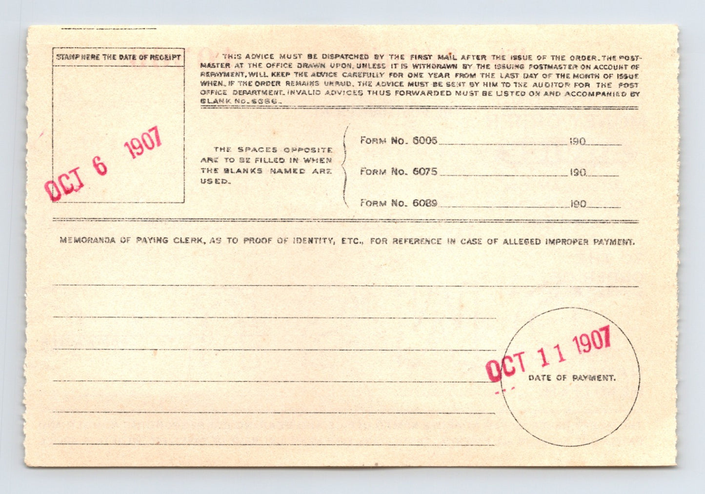 Niles California 1907 Postal Money Order Advice Sutter Creek 3.5 x 5