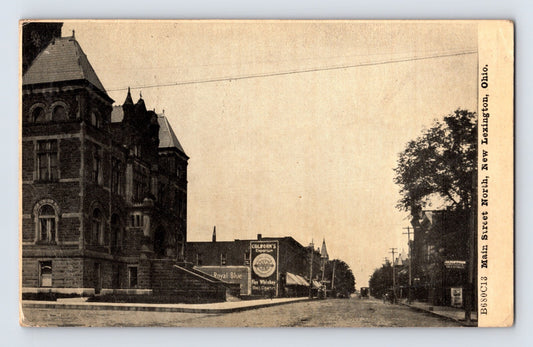 New Lexington Ohio Main Street downtown buildings street scene postcard