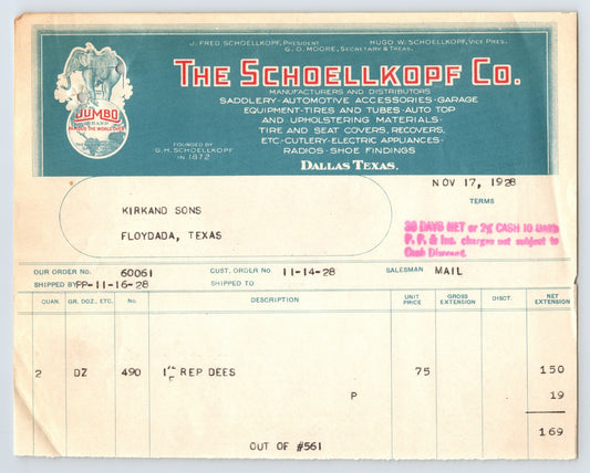 Dallas Texas 1928 The Schoellkopf Co Saddlery Automotive Accessories Billhead
