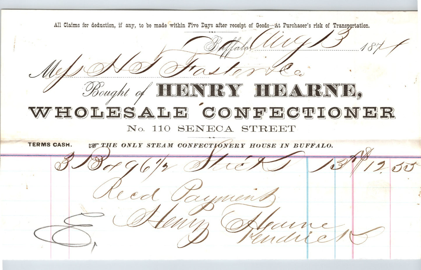 Buffalo New York Henry Hearne wholesale confectioner candy billhead