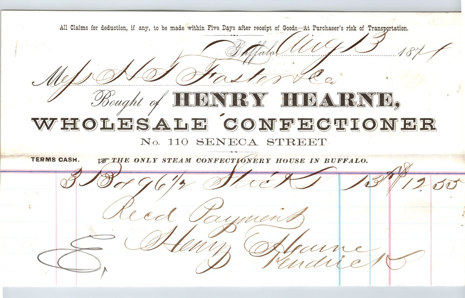 Buffalo New York Henry Hearne wholesale confectioner candy billhead