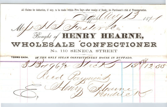 Buffalo New York Henry Hearne wholesale confectioner candy billhead