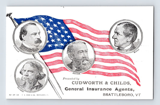 1884 presidential election trade card featuring Cleveland Blaine Harrison and Thurman with American flag and voting statistics reverse, 3 x 4.75
