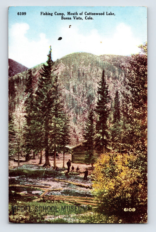 Buena Vista Colorado Cottonwood Lake fishing camp 1910s cabin trees mountain landscape postcard