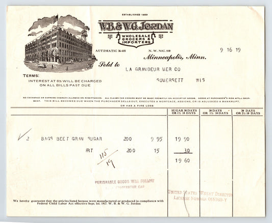 Minneapolis Minnesota 1919 W B and W G Jordan Grocers Billhead 8 x 7