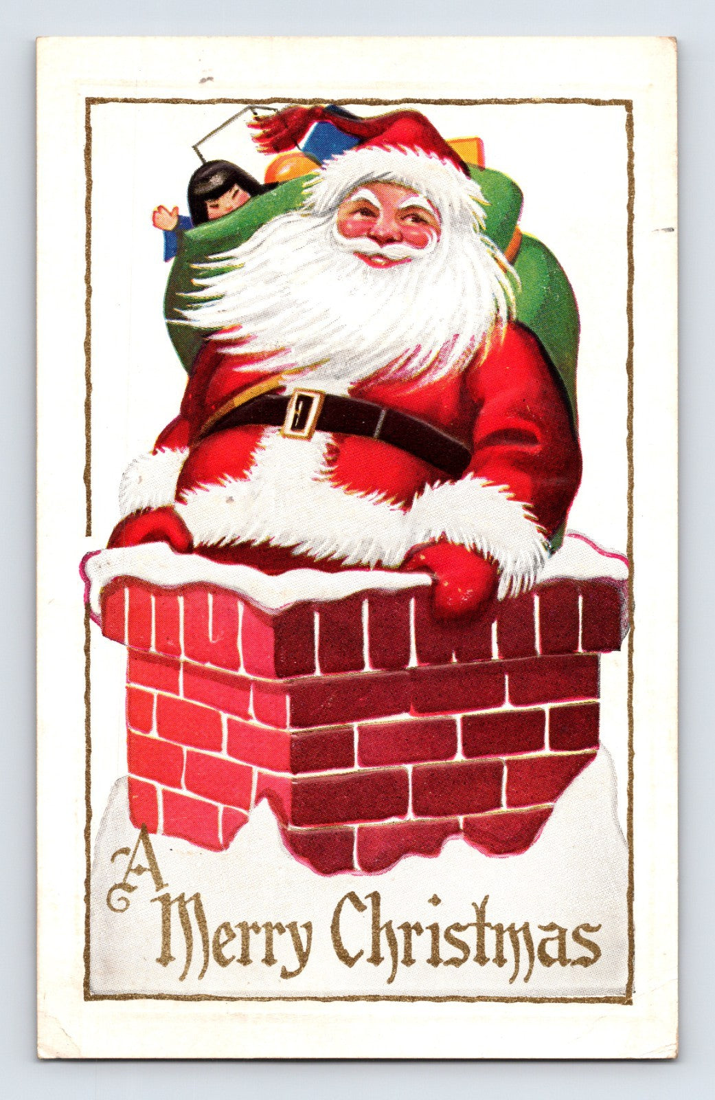 Santa Claus emerging from a snow-covered brick chimney with a sack of toys on his back in a bright red-and-white Christmas postcard design.