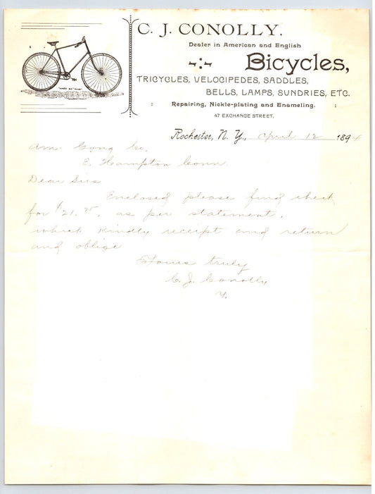 C J Conolly bicycle dealer Rochester New York 1894 illustrated letterhead with American and English bicycles