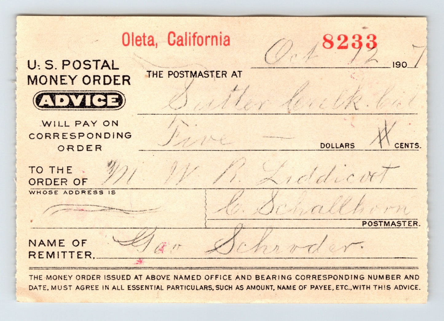 Oleta California postal money order advice 1907 Fiddletown handwritten document