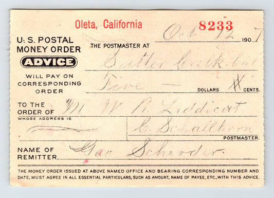 Oleta California postal money order advice 1907 Fiddletown handwritten document