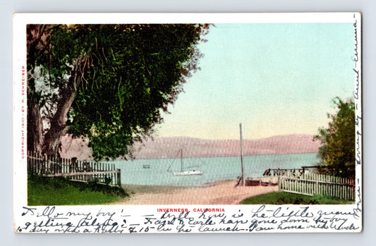 1907 postcard of Inverness California showing sailboat on Tomales Bay with shoreline fencing trees and distant hills in soft coastal view