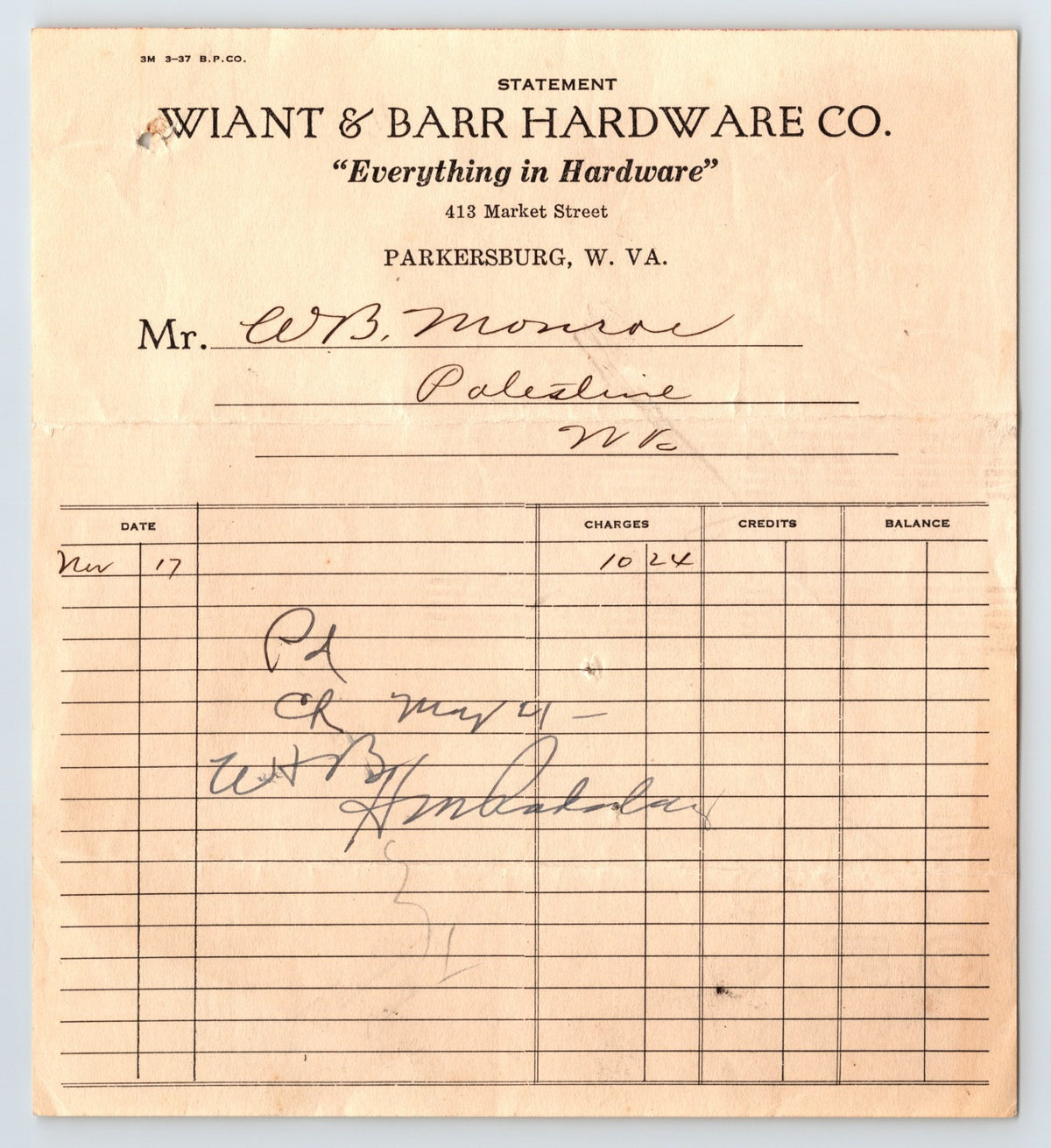 Parkersburg West Virginia Wiant Barr Hardware billhead handwritten Palestine West Virginia 1930s statement document