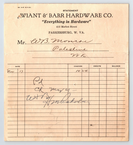 Parkersburg West Virginia Wiant Barr Hardware billhead handwritten Palestine West Virginia 1930s statement document