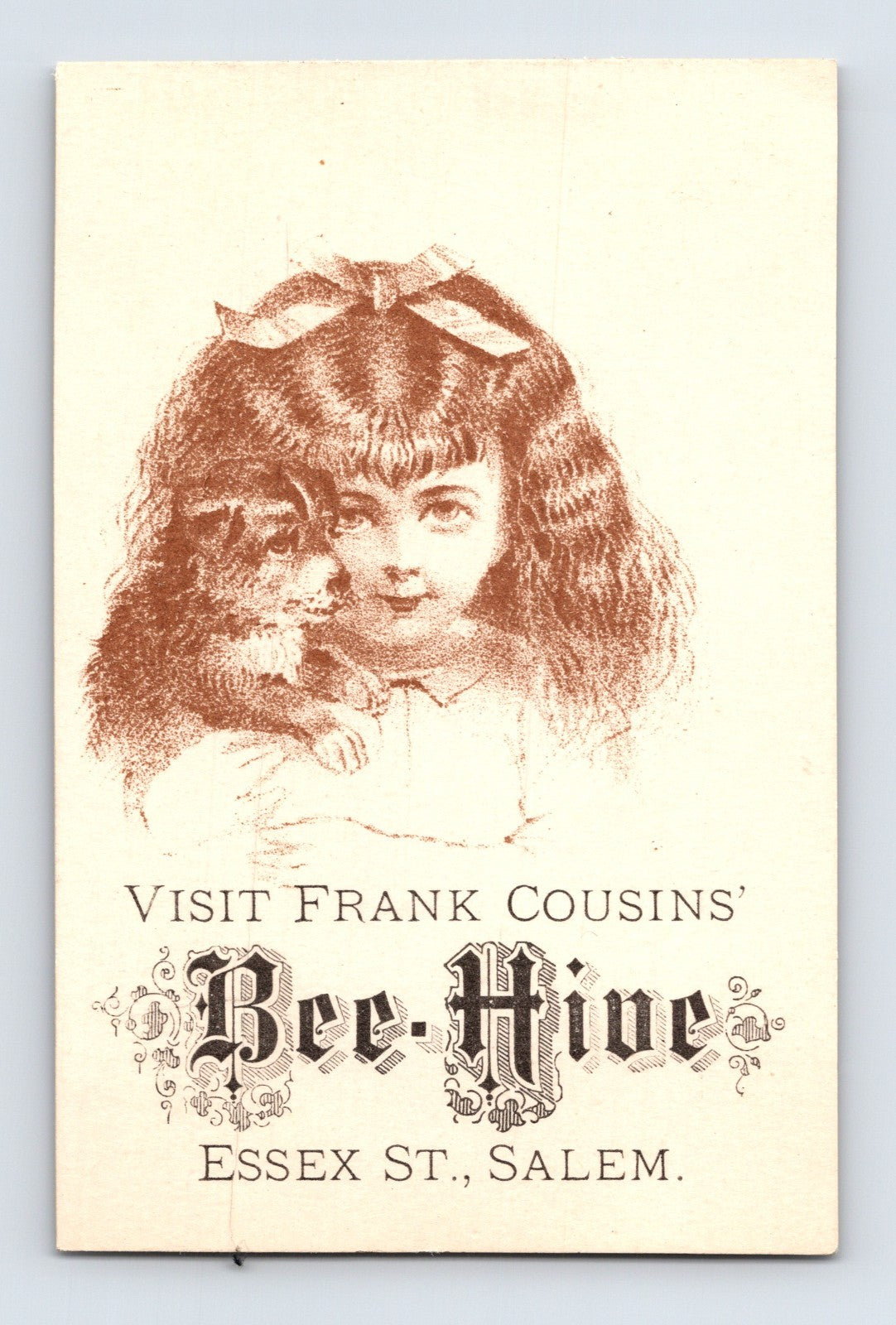 Salem Massachusetts Bee Hive Frank Cousins trade card girl dog 1890s
