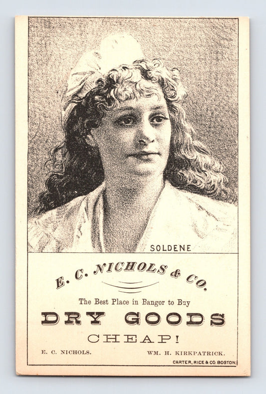 Bangor Maine Nichols Dry Goods trade card featuring Emily Soldene portrait