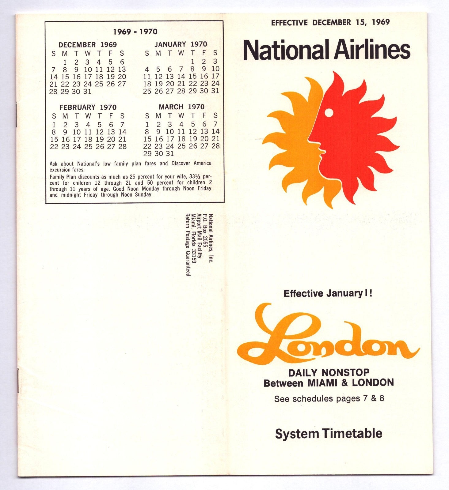 National Airlines sun logo 1969 London system timetable brochure cover with calendar panel and Miami London nonstop announcement