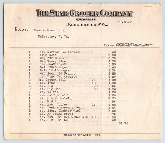 Star Grocer Company wholesale billhead Parkersburg West Virginia 1937 Monroe Store Palestine invoice document