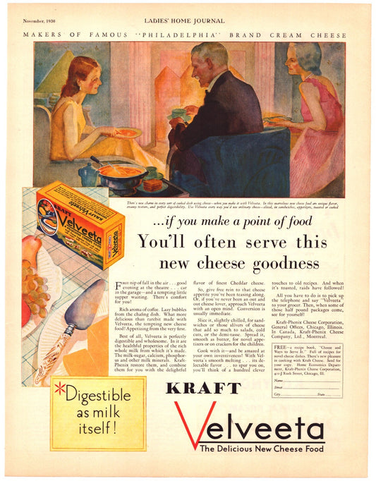 Kraft Velveeta Cheese Food 1930 Print Ad Vintage Kitchen 10.5 x 13.5
