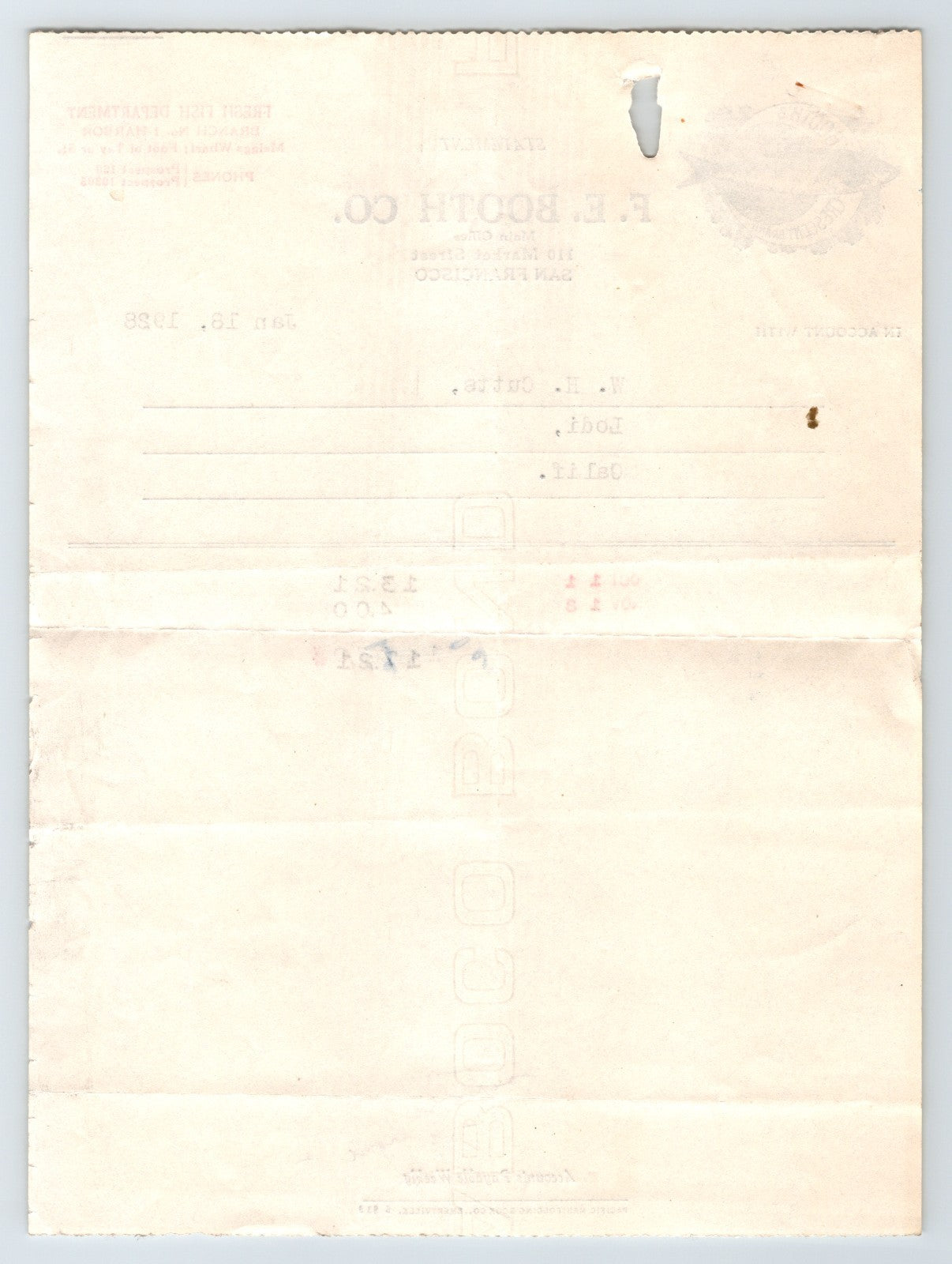 San Francisco California F E Booth Fish Market 1928 Billhead Invoice 6" x 8"