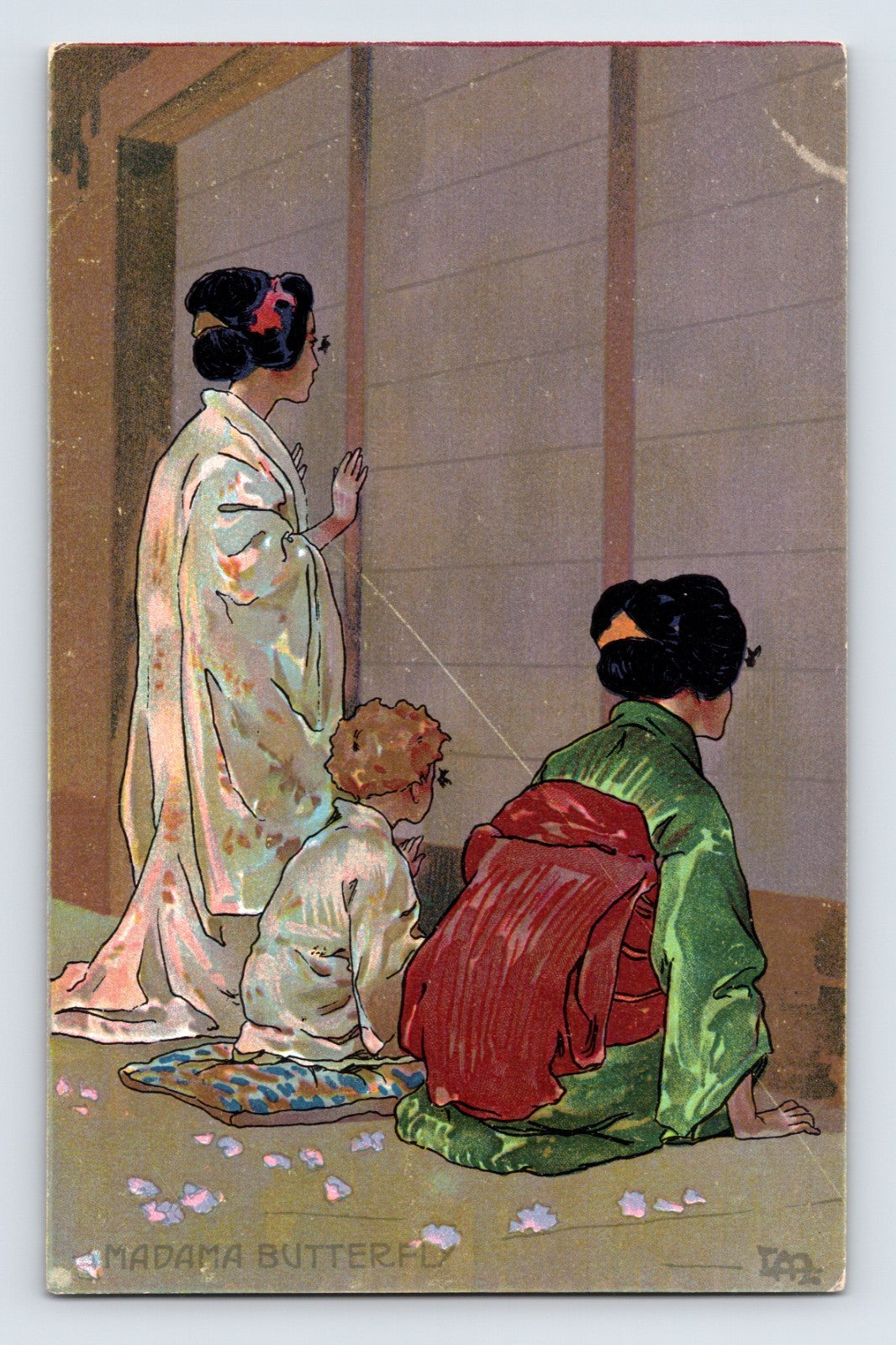 Madama Butterfly 1910s opera postcard interior kneeling figures undivided back