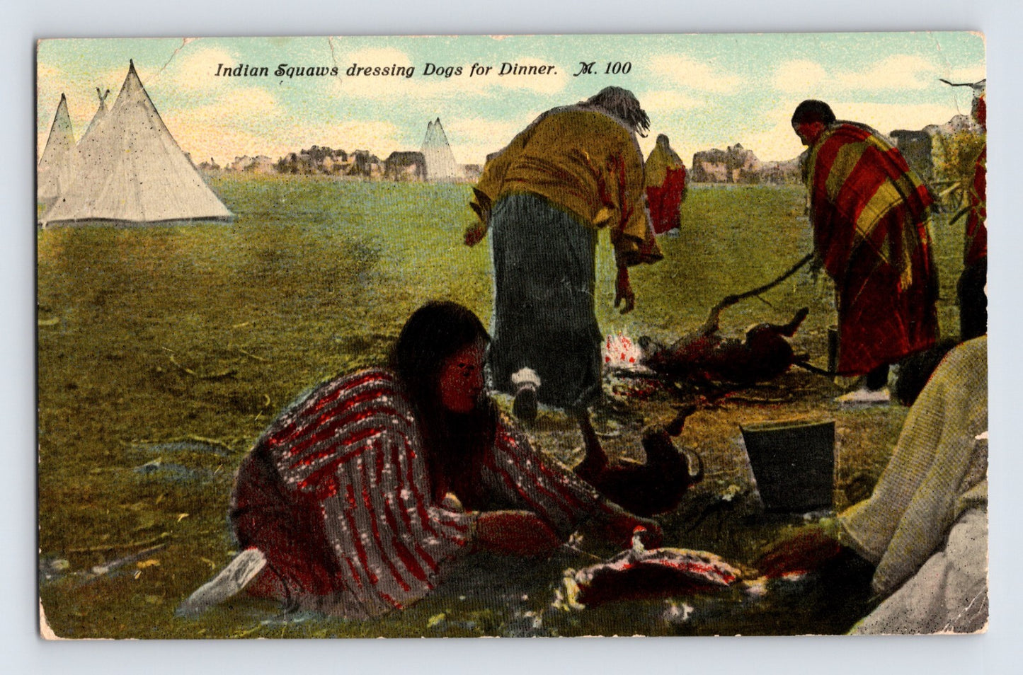 Hamilton Montana postcard showing Native American camp scene with teepees and figures preparing food 1911