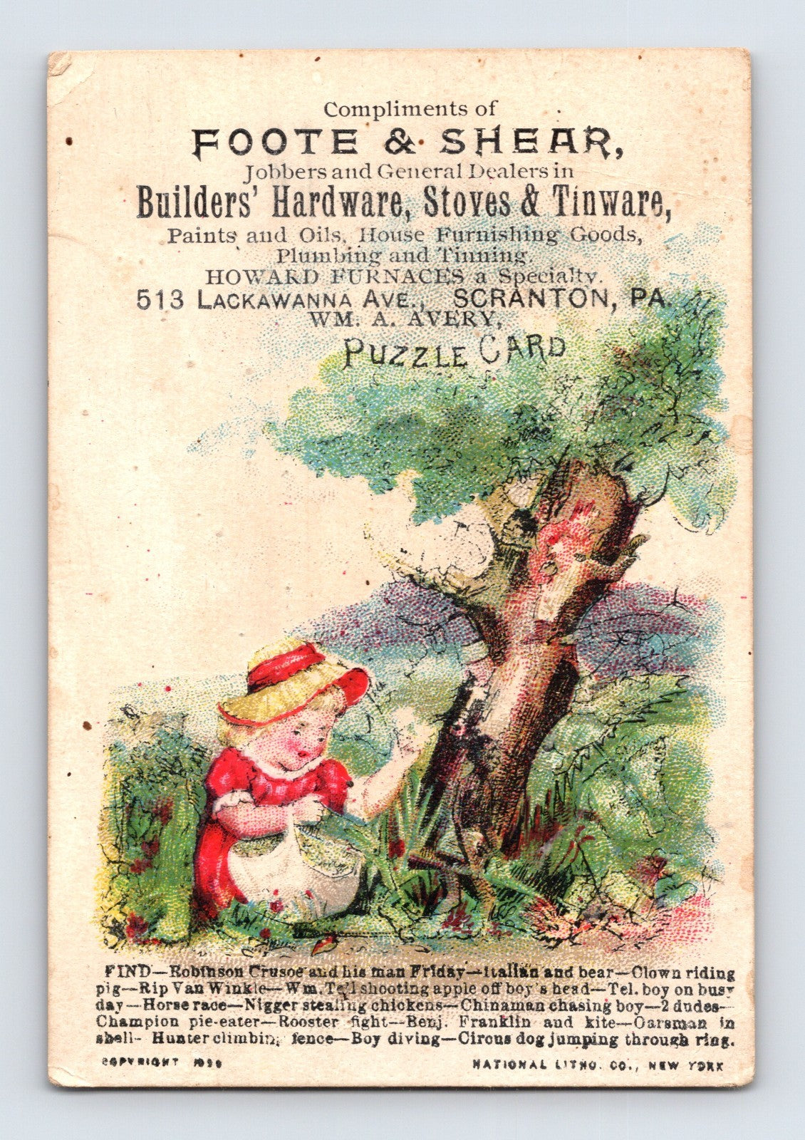 Foote & Shear Scranton Pennsylvania puzzle trade card featuring child illustration with hidden object game and builders hardware stove tinware advertising, 1890s era.