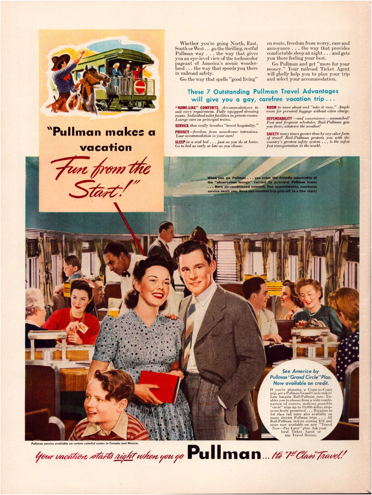 Pullman 1941 train dining car passengers family travel vacation vintage print ad