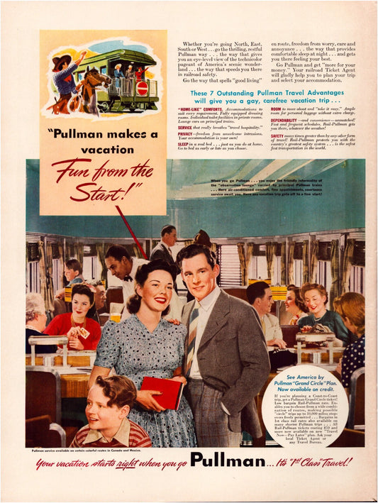 Pullman 1941 train dining car passengers family travel vacation vintage print ad
