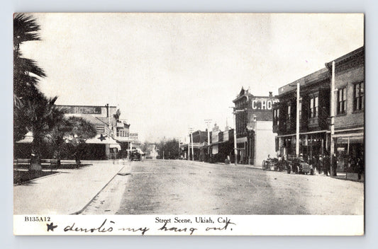 Ukiah California downtown street scene storefronts early automobiles 1910 divided back postcard