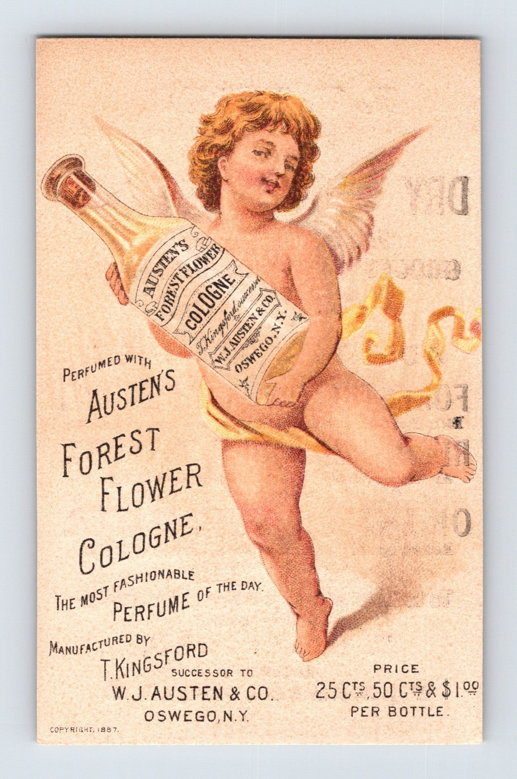 Austens Forest Flower Cologne Cherub Perfume Trade Card 1887 4 x 2.5