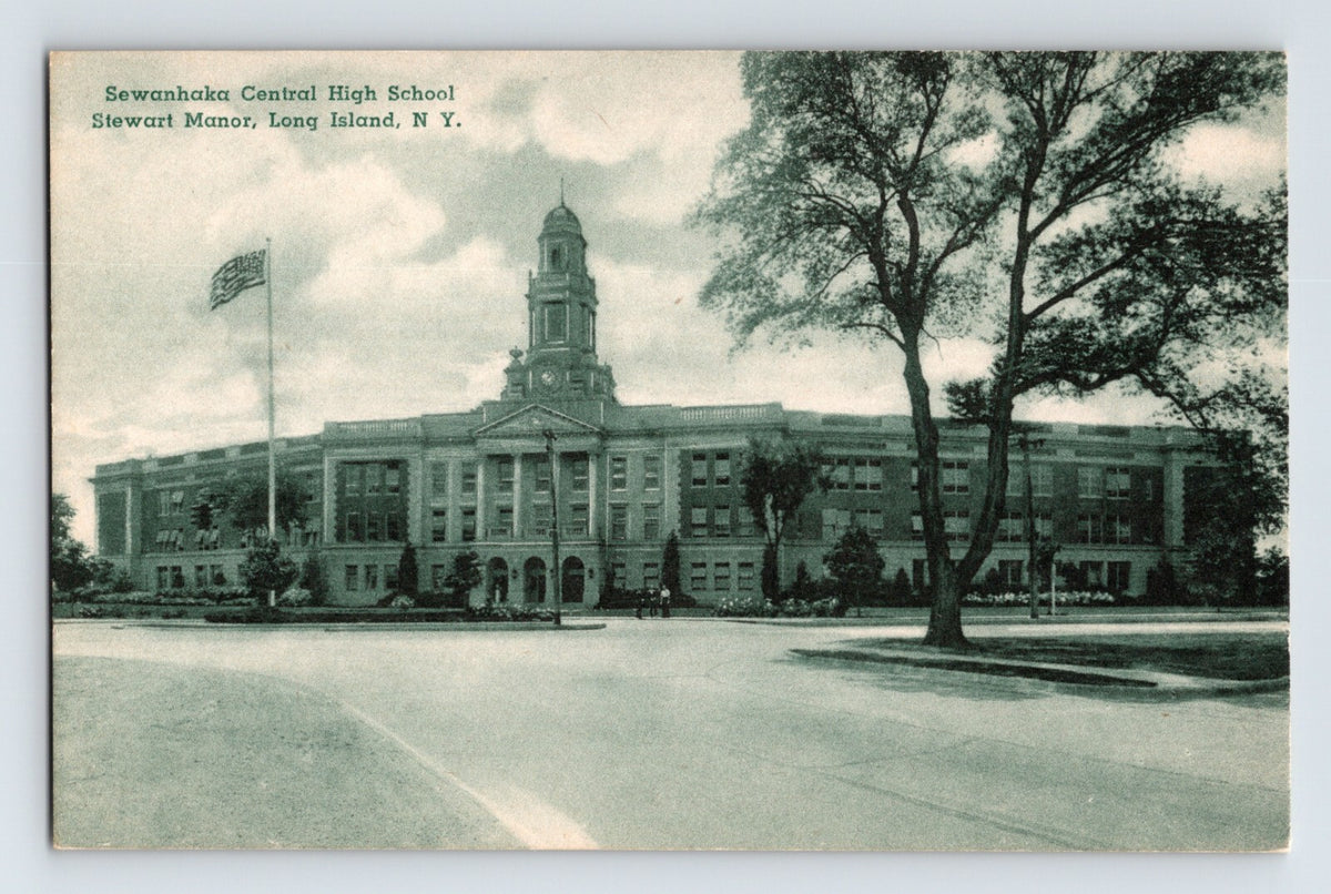 Vintage postcard view of Sewanhaka Central High School Stewart Manor Long Island New York with cupola and flagpole 1920s
