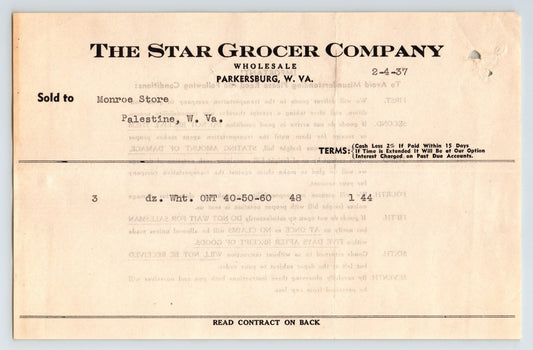 Parkersburg West Virginia Star Grocer Company wholesale billhead invoice Palestine WV 1937