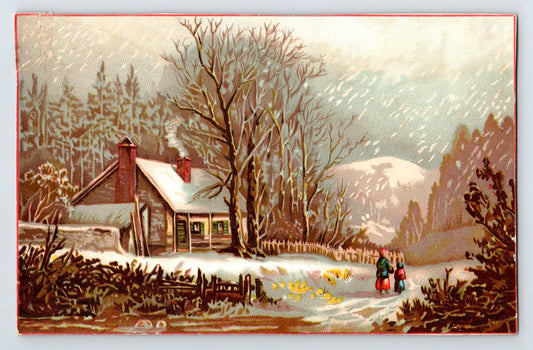 Bellows Falls Vermont winter cottage scene Victorian trade card M B Kelley groceries provisions
