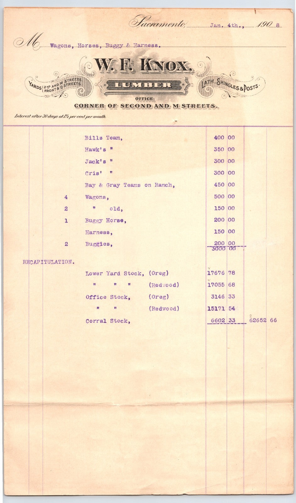 1908 Sacramento California W F Knox Lumber Company billhead invoice listing yard stock, cord wood, wagons, harness, and monetary totals on tall 8 x 14 sheet.