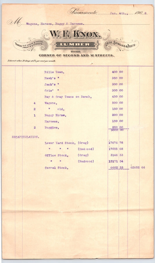 1908 Sacramento California W F Knox Lumber Company billhead invoice listing yard stock, cord wood, wagons, harness, and monetary totals on tall 8 x 14 sheet.