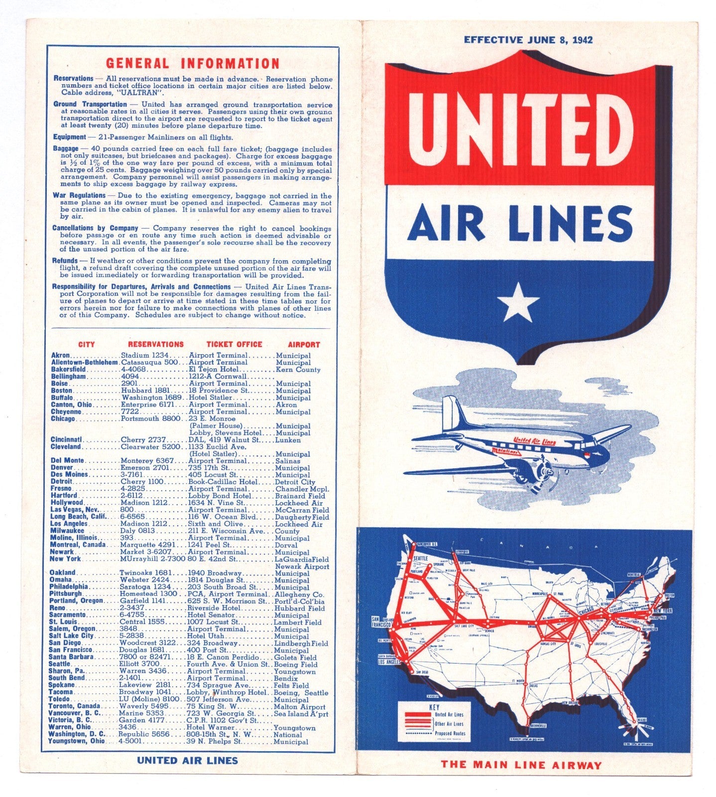 United Air Lines June 1942 system timetable brochure cover with shield logo airplane illustration and United States route map