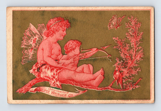 Eclipse Wringer Victorian trade card featuring cupid figures aiming arrows at birds, 3 x 4.5