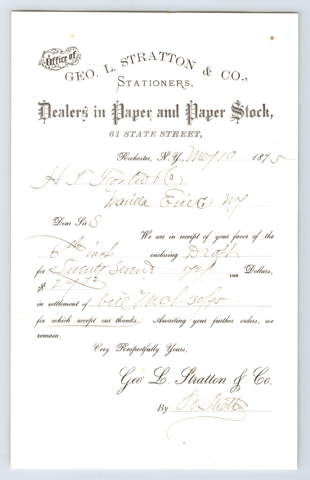 Rochester New York 1875 Geo. L. Stratton Stationers Paper Stock Billhead 8 x 5