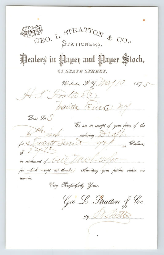 Rochester New York 1875 Geo. L. Stratton Stationers Paper Stock Billhead 8 x 5