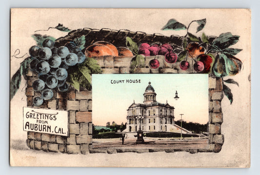 1914 Auburn California Court House Greetings postcard fruit basket grape cherry border divided back