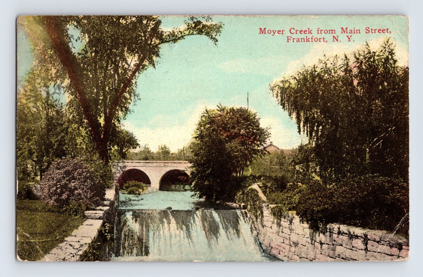 Frankfort New York Moyer Creek Main Street stone bridge waterfall 1917 postcard