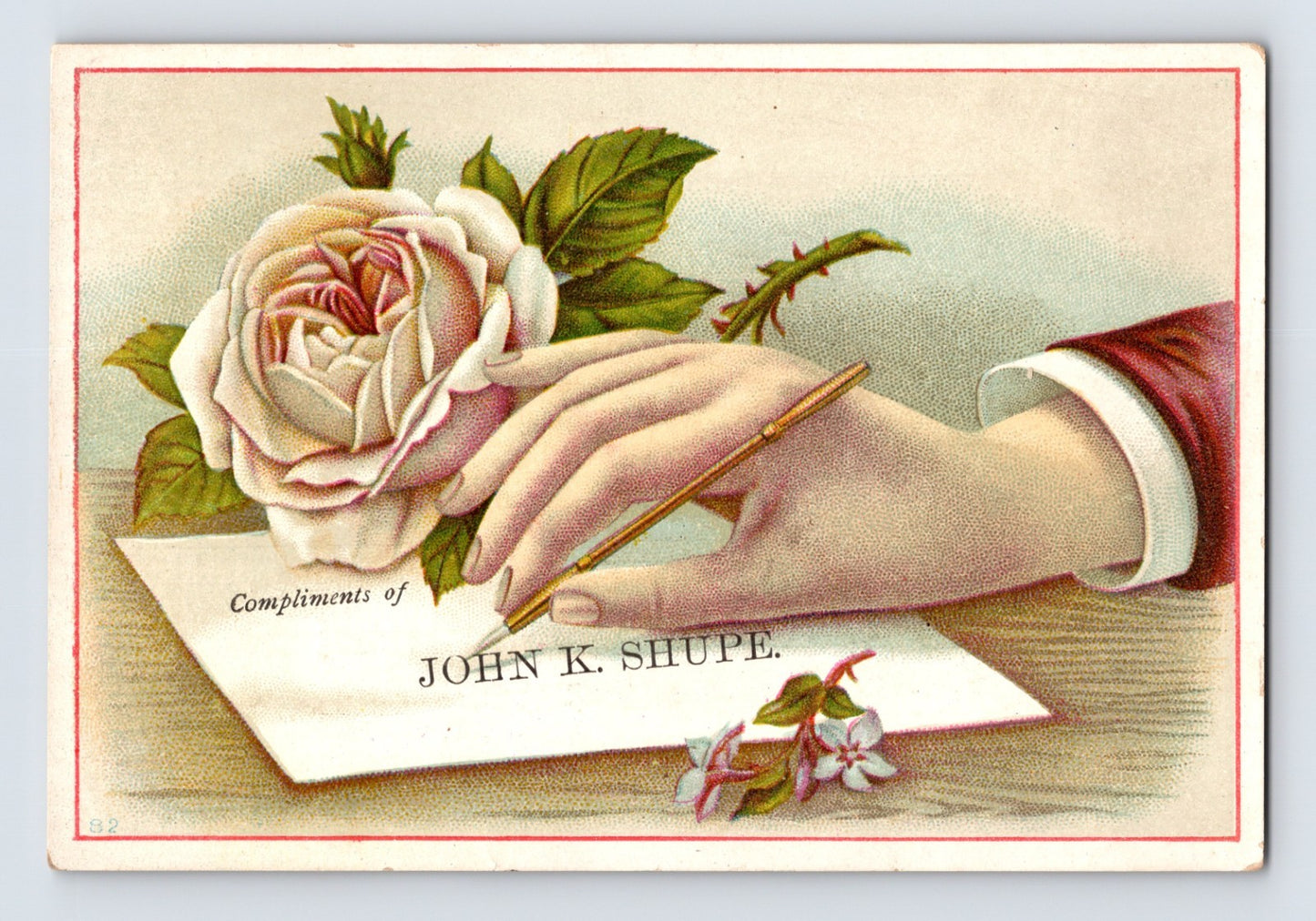 Millersburg Pennsylvania Excelsior Marble Works trade card with Victorian hand writing letter beside pink rose illustration.