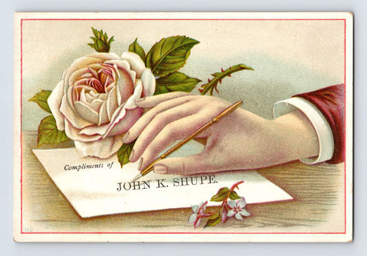 Millersburg Pennsylvania Excelsior Marble Works trade card with Victorian hand writing letter beside pink rose illustration.