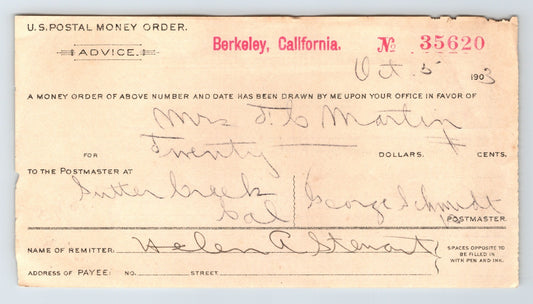 1903 U.S. Postal Money Order advice from Berkeley California to Sutter Creek showing handwritten payment details serial number and official printed form
