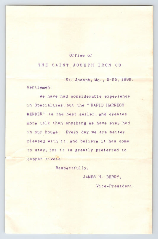 St Joseph Missouri Saint Joseph Iron Company 1889 letterhead typed business document