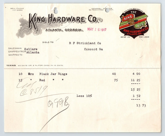 Atlanta Georgia 1917 King Hardware Company Jar Rings Billhead 8 x 7