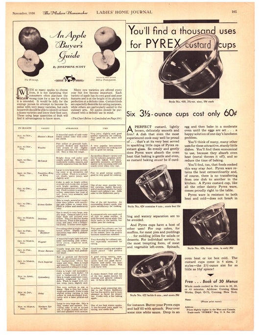 Pyrex Custard Cups 1930 Print Ad Apple Varietal Guide Half Page 13.5 x 10.5