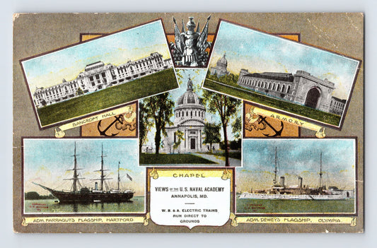 Annapolis Maryland US Naval Academy multi view postcard with chapel Bancroft Hall armory and naval ships
